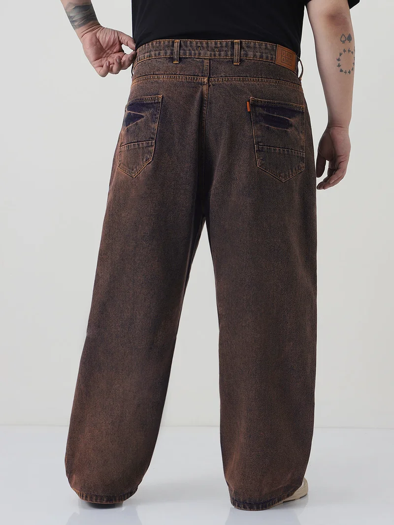 Urbano Fashion  Urbano Plus Men's Light Brown Loose Baggy Fit Washed Jeans Non-Stretchable  | Best Price UAE
