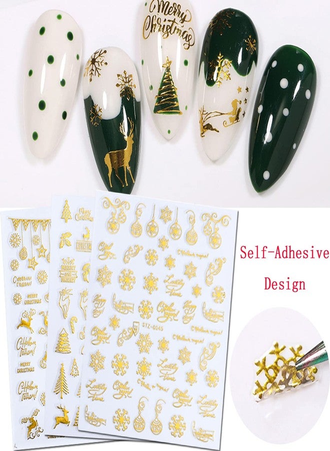 Vezocim Gold Christmas Nail Art Stickers, Holographic 3D Winter Snowflake Nail Adhesive Sticker Design, Xmas Tree Snowflake Snowmen Elk Santa Claus Nail Decals, Women Girls Manicure Holiday Decal Decoration - Image 2