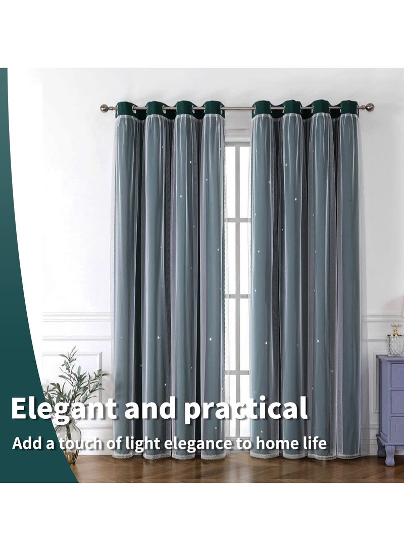 YQbest Blackout with White Lace Sheer Elegant Layered Curtains,Curtain Panels Mix and Match Thermal Insulated Blackout Curtain for Bedroom and Living Room 2 Panels (green 150 * 270cm)  - Image 2