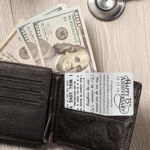 Alotozo 15th Anniversary Card Gifts, Happy 15 Years Wedding Anniversary Engraved Wallet Card Gift for Her Men Him Wife Husband - Image 3
