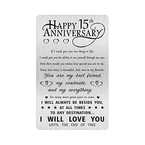 Alotozo 15th Anniversary Card Gifts, Happy 15 Years Wedding Anniversary Engraved Wallet Card Gift for Her Men Him Wife Husband - Image 1