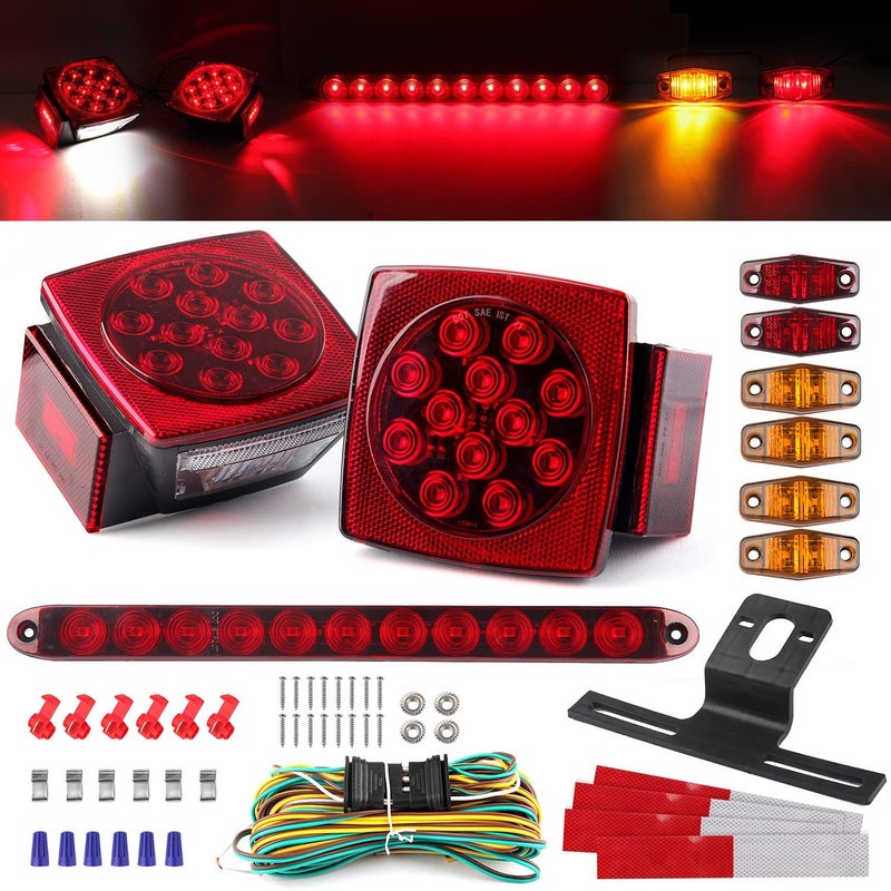 مجموعة أضواء LED للمقطورة 12 فولت 2x أضواء توقف مربعة وإشارة وذيل وضوء فرامل ولوحة ترخيص مع 25 قدم من أسلاك التوصيل 6x أضواء علامة صغيرة 15 11 شريط ضوء فرامل ذيل المقطورة حامل لوحة الترخيص