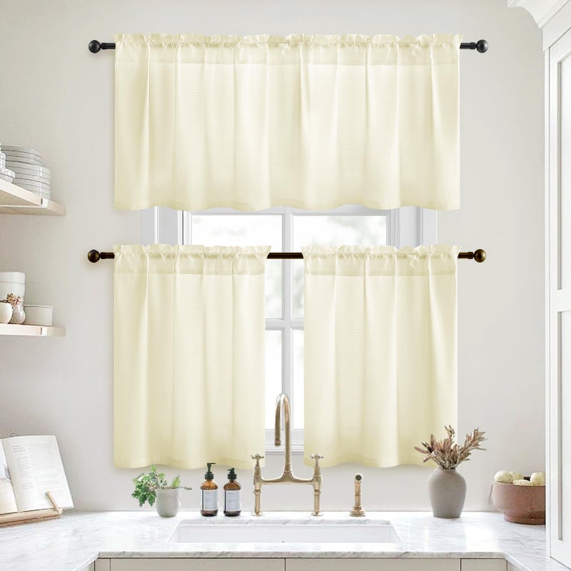 HOMEIDEAS HOMEIDEAS Cream Yellow Kitchen Curtains 30 X 24 Inches 2 Panels Set Non-See-Through Privacy Semi Sheer Short Window Curtains Fish Bone Pattern Light Filtering for Cafe  Bathroom  Bedroom - Image 2