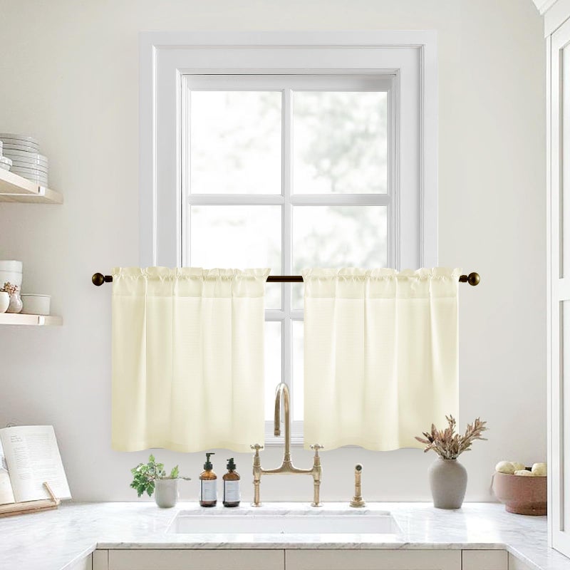 HOMEIDEAS HOMEIDEAS Cream Yellow Kitchen Curtains 30 X 24 Inches 2 Panels Set Non-See-Through Privacy Semi Sheer Short Window Curtains Fish Bone Pattern Light Filtering for Cafe  Bathroom  Bedroom - Image 1