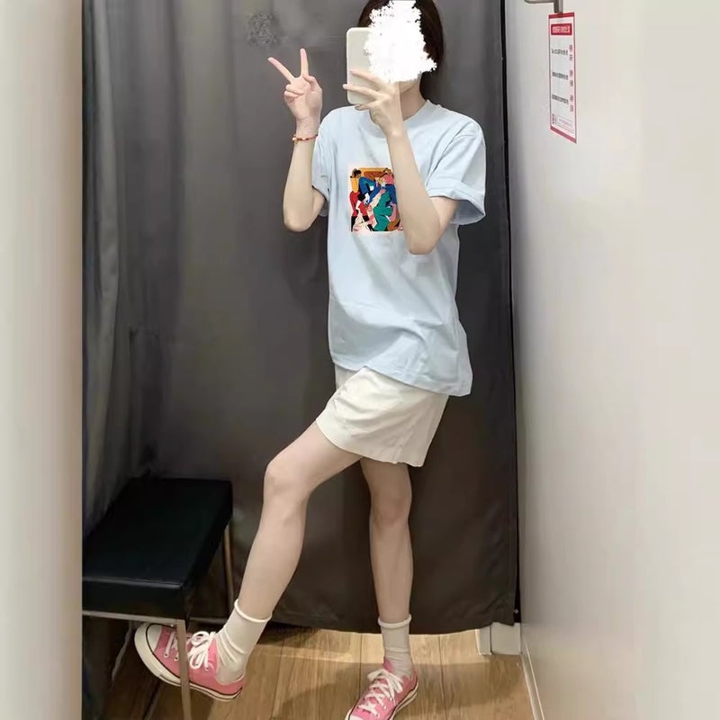 Hong Kong Style Vintage Printed Top Summer Baby Blue Shoulder T-Shirt Loose Casual Slimming Comfortable Cotton Short Sleeve Women - Image 4