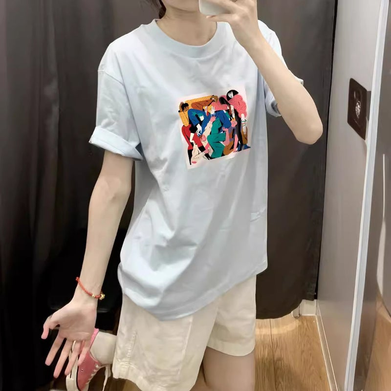 Hong Kong Style Vintage Printed Top Summer Baby Blue Shoulder T-Shirt Loose Casual Slimming Comfortable Cotton Short Sleeve Women - Image 2