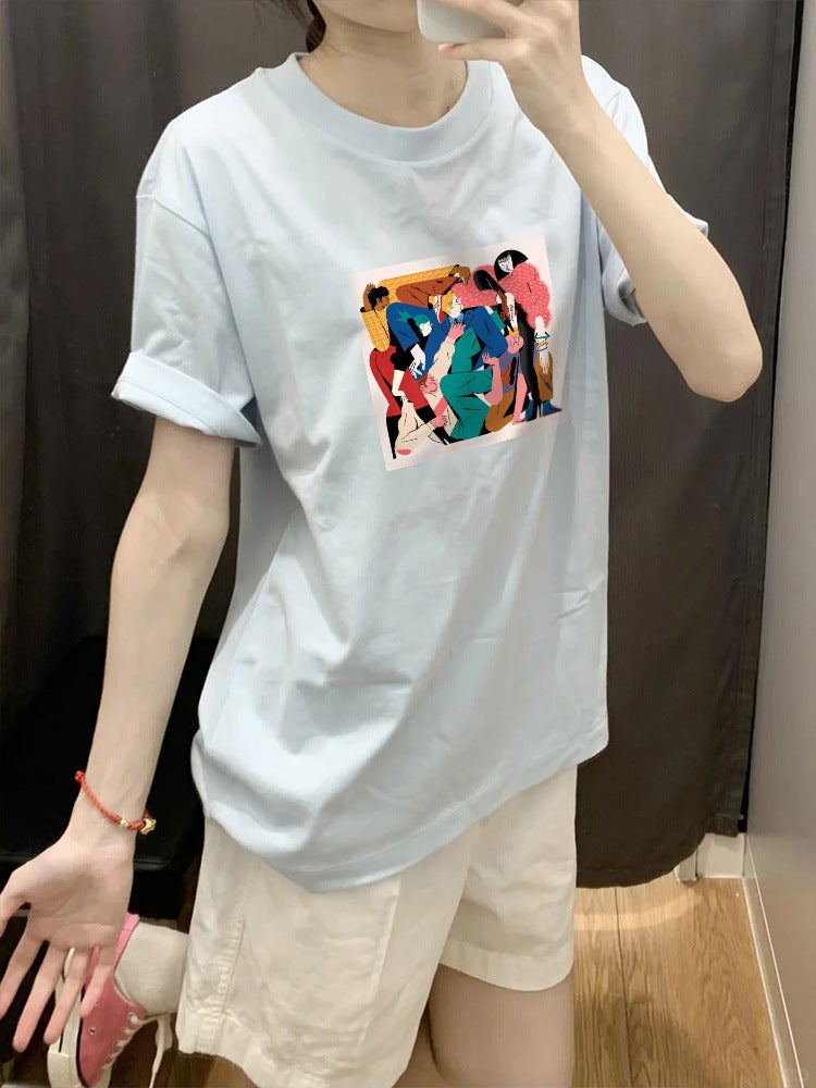 Hong Kong Style Vintage Printed Top Summer Baby Blue Shoulder T-Shirt Loose Casual Slimming Comfortable Cotton Short Sleeve Women - Image 1