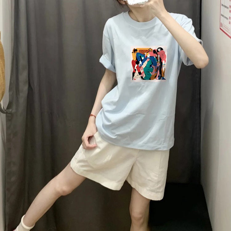 Hong Kong Style Vintage Printed Top Summer Baby Blue Shoulder T-Shirt Loose Casual Slimming Comfortable Cotton Short Sleeve Women - Image 5
