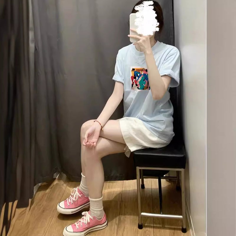 Hong Kong Style Vintage Printed Top Summer Baby Blue Shoulder T-Shirt Loose Casual Slimming Comfortable Cotton Short Sleeve Women - Image 3
