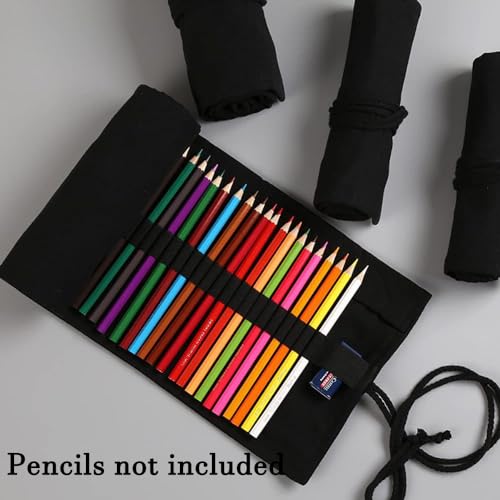 DIYOMR 24/36/72 Slots Pencil Wrap Pencil Rolls, Artist Colored Pencils Roll Up Bag Short Brushes Pouch Case Pencils Organizer for Drawing Coloring and Sketching (Black, 24slots) - Image 2