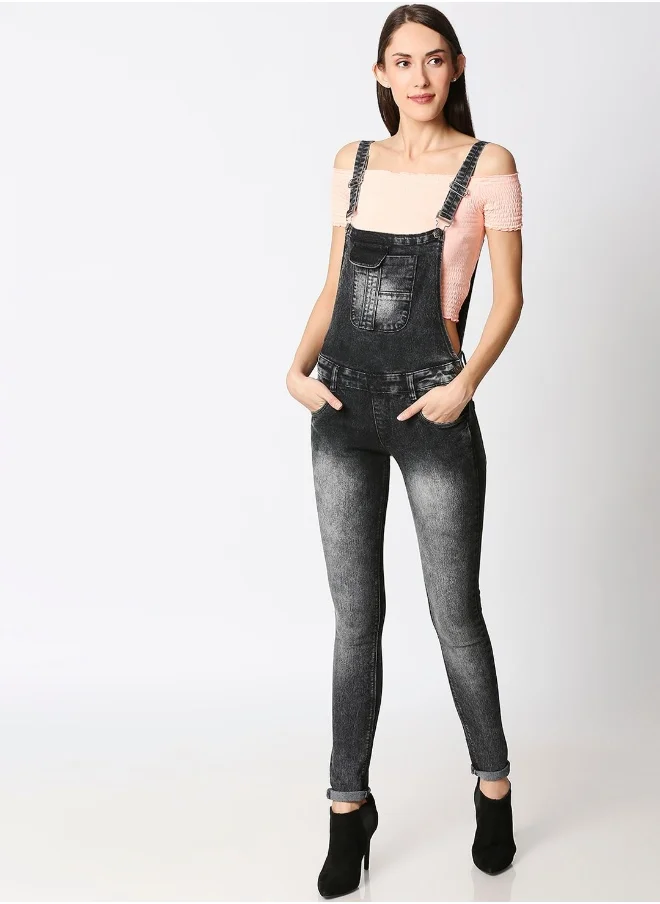 HIGH STAR Women Black Washed Slim-Fit Denim Dungarees