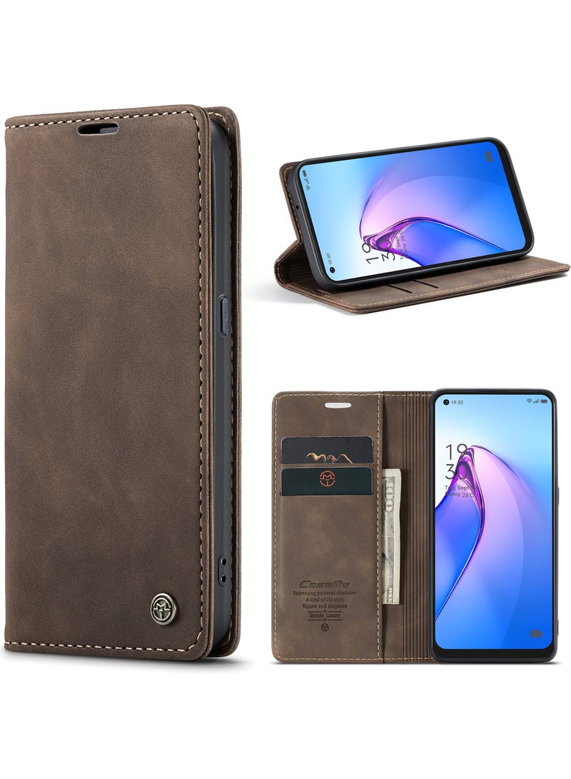 CaseMe Oppo Reno 8 5G Case Wallet Case Book Folding Flip Folio Case with Magnetic Kickstand Card Slots Protective Cover - Coffee - Image 1