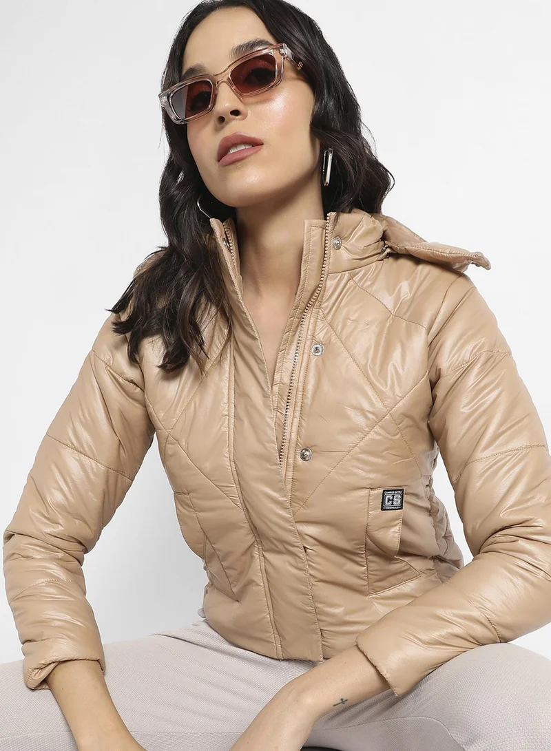 Campus Sutra Women's Beige Quilted Bomber Jacket With Detachable Hood For Casual Wear | High Neck  | Long Sleeve | Zipper Closure | Nylon Jacket Crafted With Comfort Fit For Everyday Wear