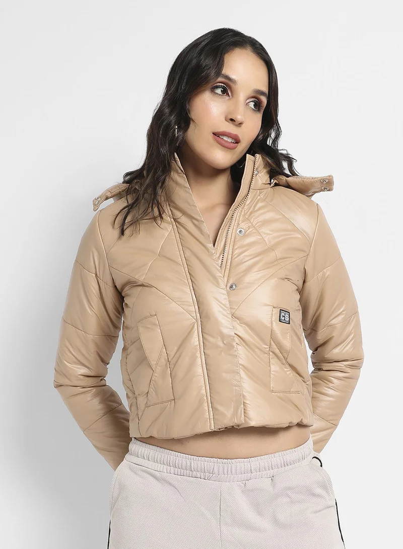 Campus Sutra Women's Beige Quilted Bomber Jacket With Detachable Hood For Casual Wear | High Neck  | Long Sleeve | Zipper Closure | Nylon Jacket Crafted With Comfort Fit For Everyday Wear