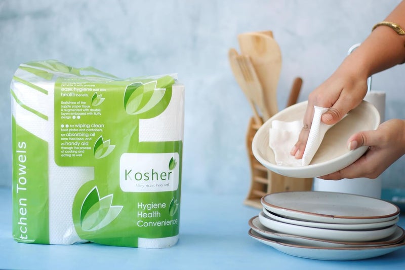 Kosher Kitchen 2 in 1 Tissue/Towel Paper Roll, 2 ply - 95 pulls each - total 570 pulls, combo of 3 (6 rolls) - Image 1