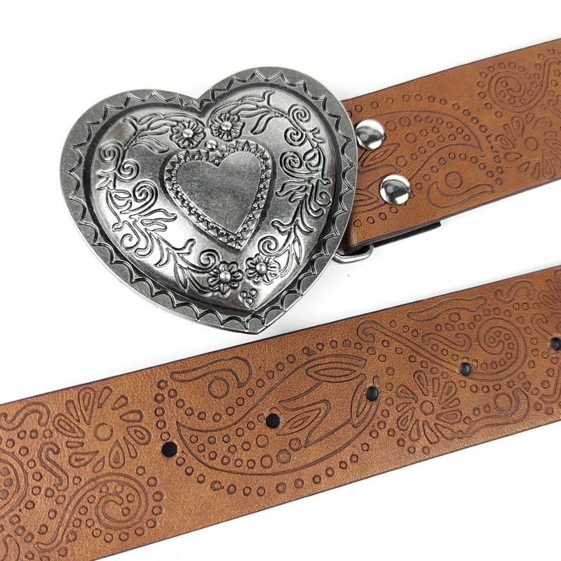 American Y2K Girls Daily Brown Textured Love Buckle Belt Printed Pattern Belt With Pants - Image 4