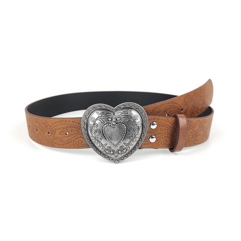 American Y2K Girls Daily Brown Textured Love Buckle Belt Printed Pattern Belt With Pants - Image 2
