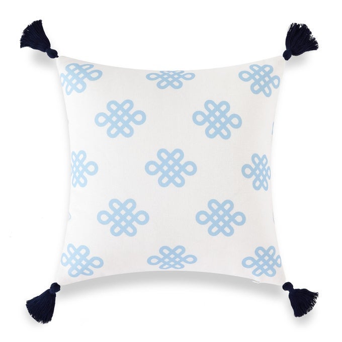 COASTAL PATIO INDOOR OUTDOOR LUMBAR PILLOW COVER ONLY FOR BACKYARD COUCH SOFA BABY BLUE GREEK KEY KNOT TASSEL 18X18