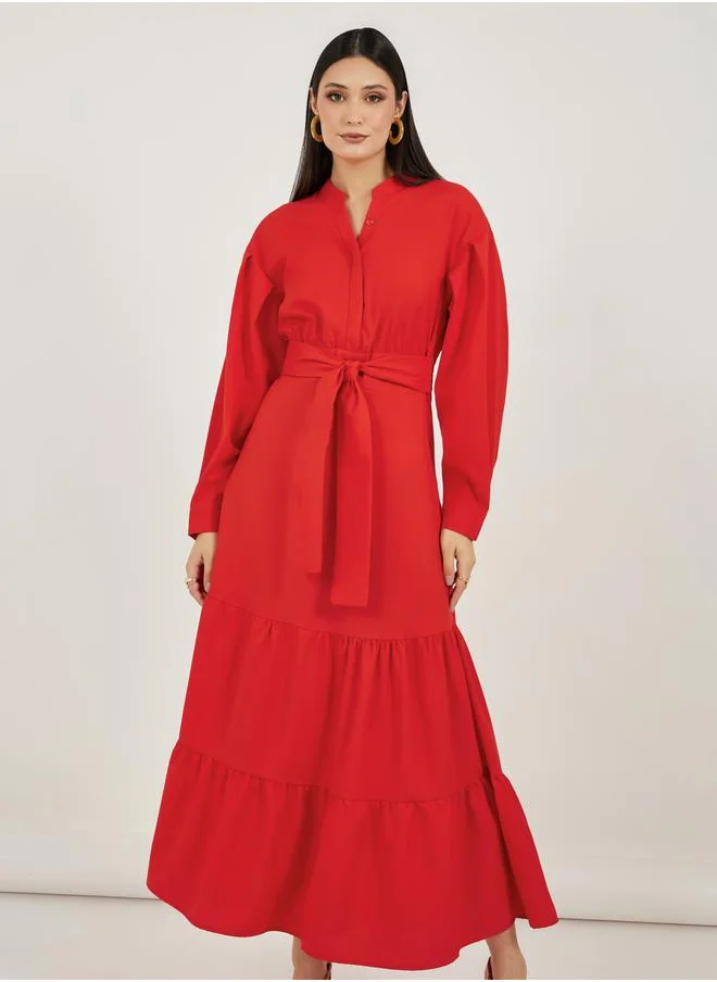 ستايلي Notch Neck Tiered Maxi Dress with Tie-Up Belt