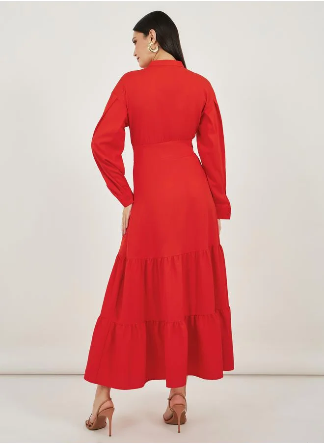 ستايلي Notch Neck Tiered Maxi Dress with Tie-Up Belt