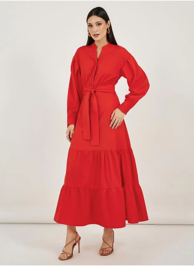 Styli Notch Neck Tiered Maxi Dress with Tie-Up Belt