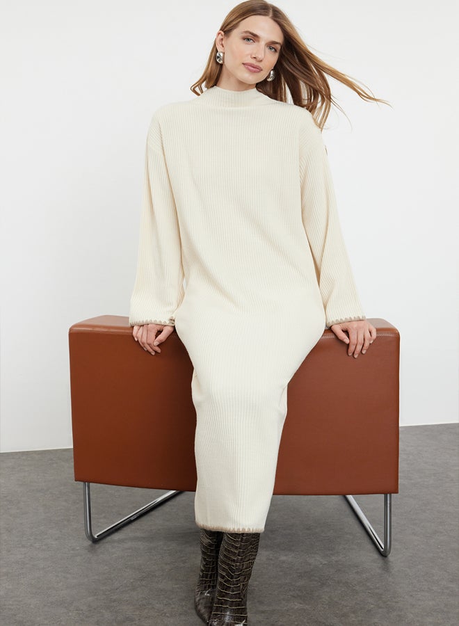 trendyol Beige Sewing Detailed Long Knitwear Dress - Image 2