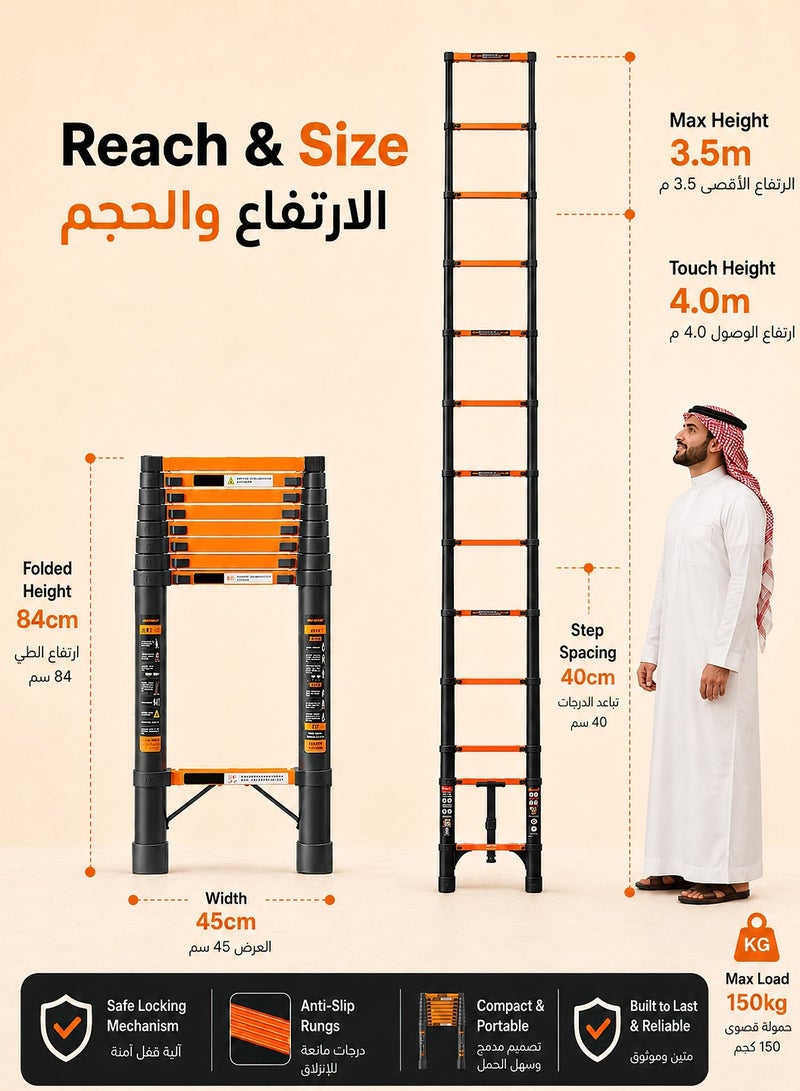 RUIYADA 3.5M Telescopic Ladder | Aluminum Alloy Telescopic Ladder | Portable Multi-Purpose Folding Ladder for Home, Office, and Outdoor Use - Image 2