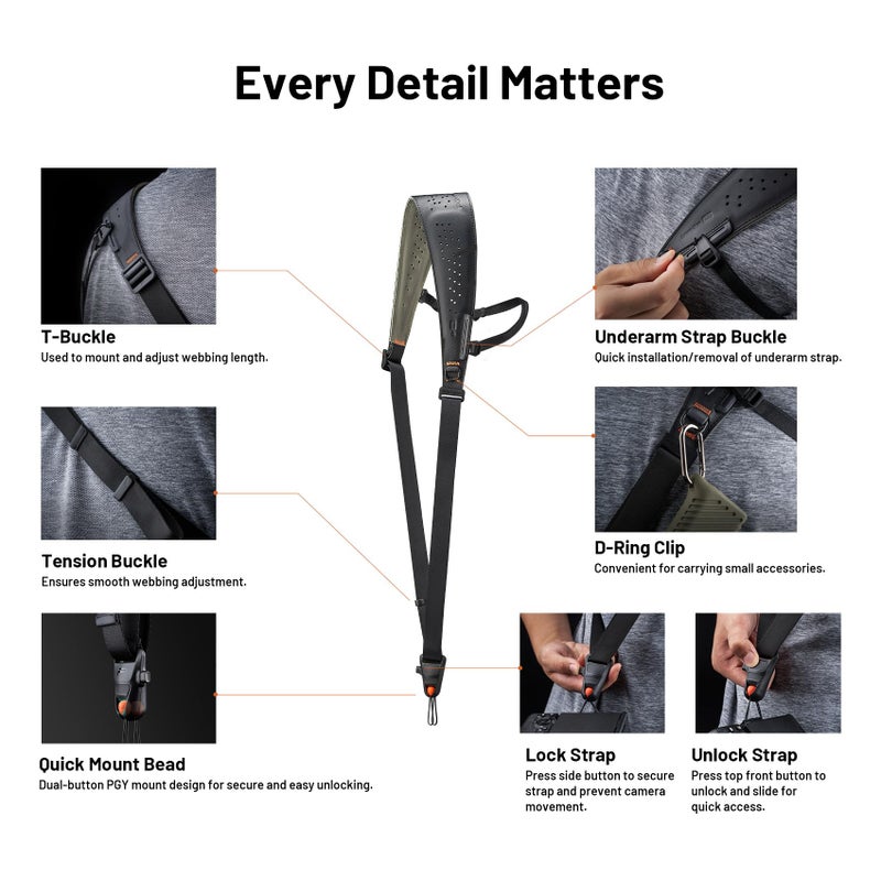 PGYTECH Camera Strap Pro, Professional Camera Harness with Detachable Underarm Strap QR Camera Shoulder Straps, Leather Ergonomic Shoulder Pad Neck Strap for DSLR/Mirrorless Cameras, Black - Image 2