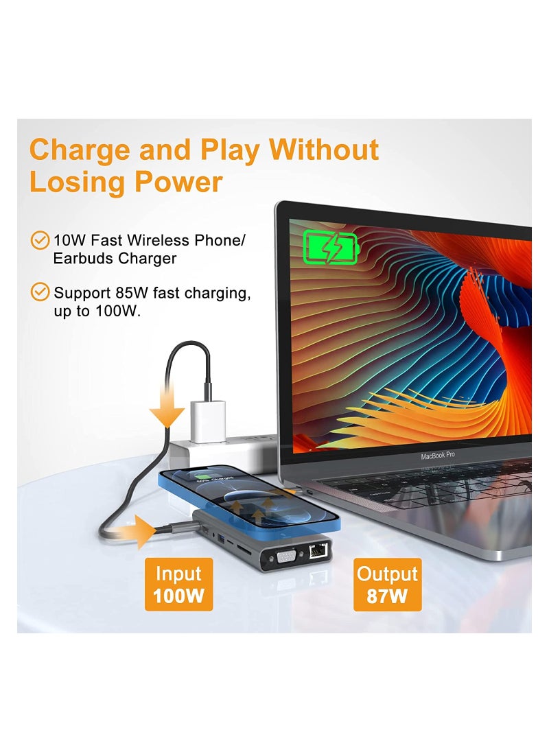 SYOSI - SYOSI USB C Hub for MacBook Air/Pro,15 in 1 Multiport Adapter,Dongle with Wireless Charger,4K HDMI,Ethernet,VGA,100W PD,3 USB 3.0,4 USB 2.0,SD/TF Card Reader 3.5mm Audio Jack for Type C Laptop - Image 1