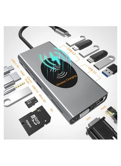 SYOSI USB C Hub for MacBook Air/Pro,15 in 1 Multiport Adapter,Dongle with Wireless Charger,4K HDMI,Ethernet,VGA,100W PD,3 USB 3.0,4 USB 2.0,SD/TF Card Reader 3.5mm Audio Jack for Type C Laptop