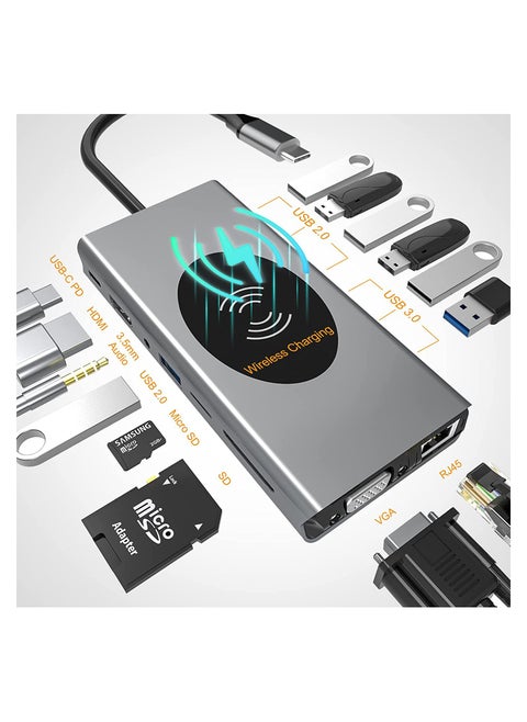 SYOSI USB C Hub for MacBook Air/Pro,15 in 1 Multiport Adapter,Dongle with Wireless Charger,4K HDMI,Ethernet,VGA,100W PD,3 USB 3.0,4 USB 2.0,SD/TF Card Reader 3.5mm Audio Jack for Type C Laptop