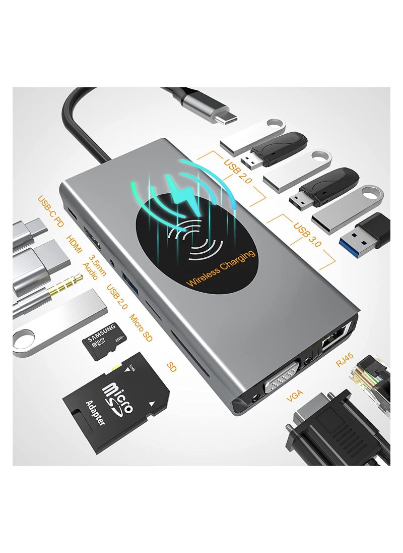 SYOSI - SYOSI USB C Hub for MacBook Air/Pro,15 in 1 Multiport Adapter,Dongle with Wireless Charger,4K HDMI,Ethernet,VGA,100W PD,3 USB 3.0,4 USB 2.0,SD/TF Card Reader 3.5mm Audio Jack for Type C Laptop - Image 1