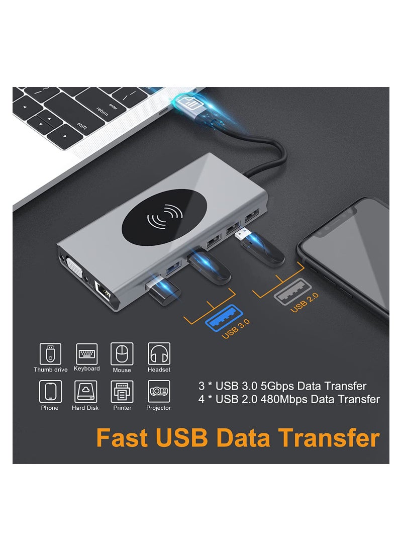 SYOSI - SYOSI USB C Hub for MacBook Air/Pro,15 in 1 Multiport Adapter,Dongle with Wireless Charger,4K HDMI,Ethernet,VGA,100W PD,3 USB 3.0,4 USB 2.0,SD/TF Card Reader 3.5mm Audio Jack for Type C Laptop - Image 1