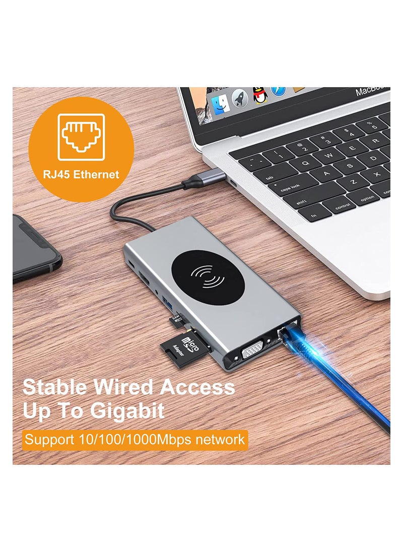 SYOSI - SYOSI USB C Hub for MacBook Air/Pro,15 in 1 Multiport Adapter,Dongle with Wireless Charger,4K HDMI,Ethernet,VGA,100W PD,3 USB 3.0,4 USB 2.0,SD/TF Card Reader 3.5mm Audio Jack for Type C Laptop - Image 1