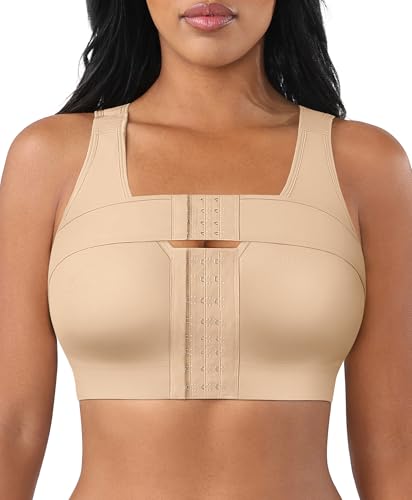 FeelinGirl Post Surgery Bras Front Closure Compression Bra Wirefree Surgical Bra with Breast Support Band Khaki L - Image 1