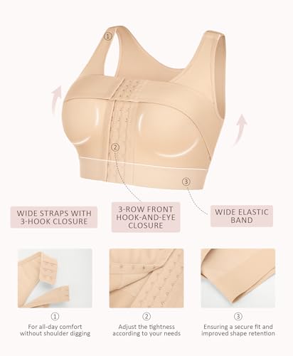 FeelinGirl Post Surgery Bras Front Closure Compression Bra Wirefree Surgical Bra with Breast Support Band Khaki L - Image 4