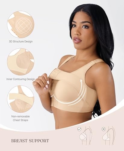 FeelinGirl Post Surgery Bras Front Closure Compression Bra Wirefree Surgical Bra with Breast Support Band Khaki L - Image 2