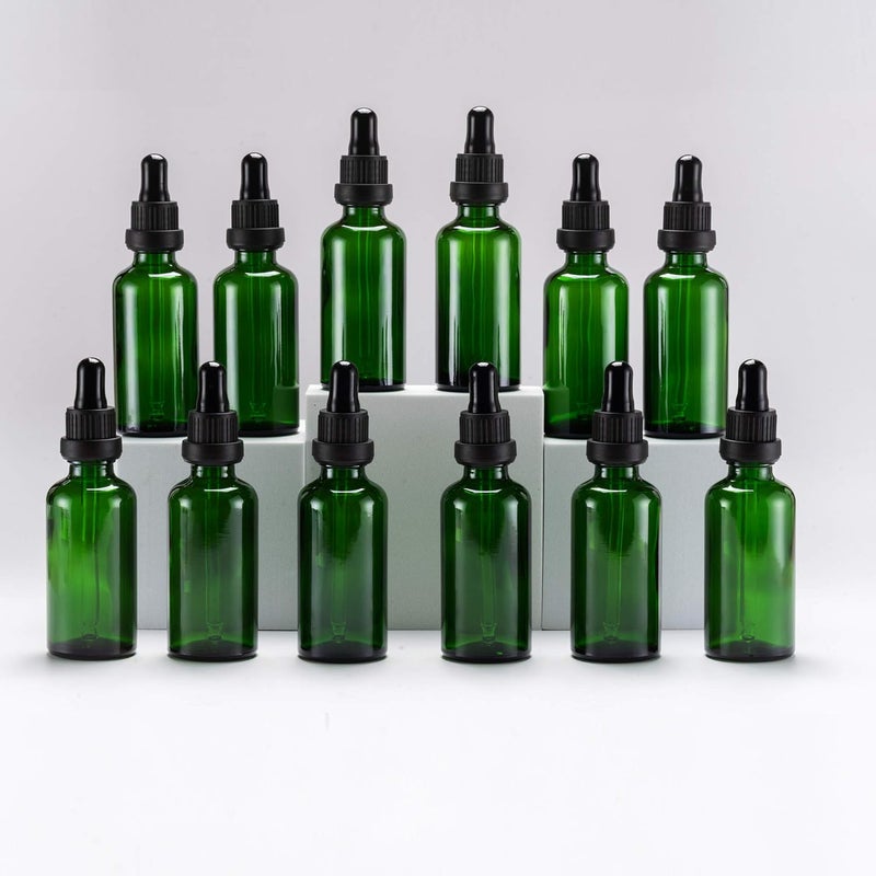 YIZHAO زجاجات قطرات الخضراء سعة 50 مل، مزودة بقطرة زجاجية، للزيوت العطرية، العلاج بالروائح، المستحضرات التجميلية، المختبر، الصيدلية، السوائل، السفر – 12 قطع - Image 1