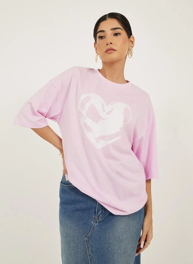 Styli Graphic Print Oversized Round Neck T-Shirt