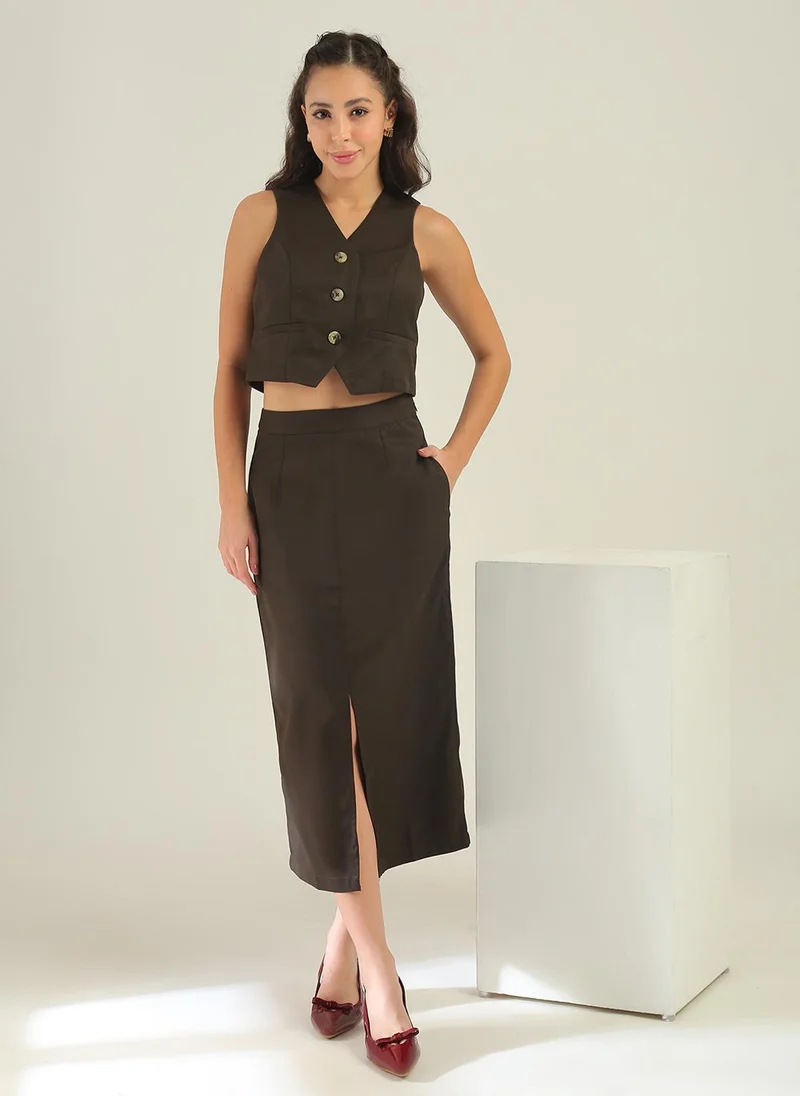 Globus Globus Women Brown V-Neck Solid Cropped Waistcoat With Front Slit Midi Skirt Workwear Co-Ord Set