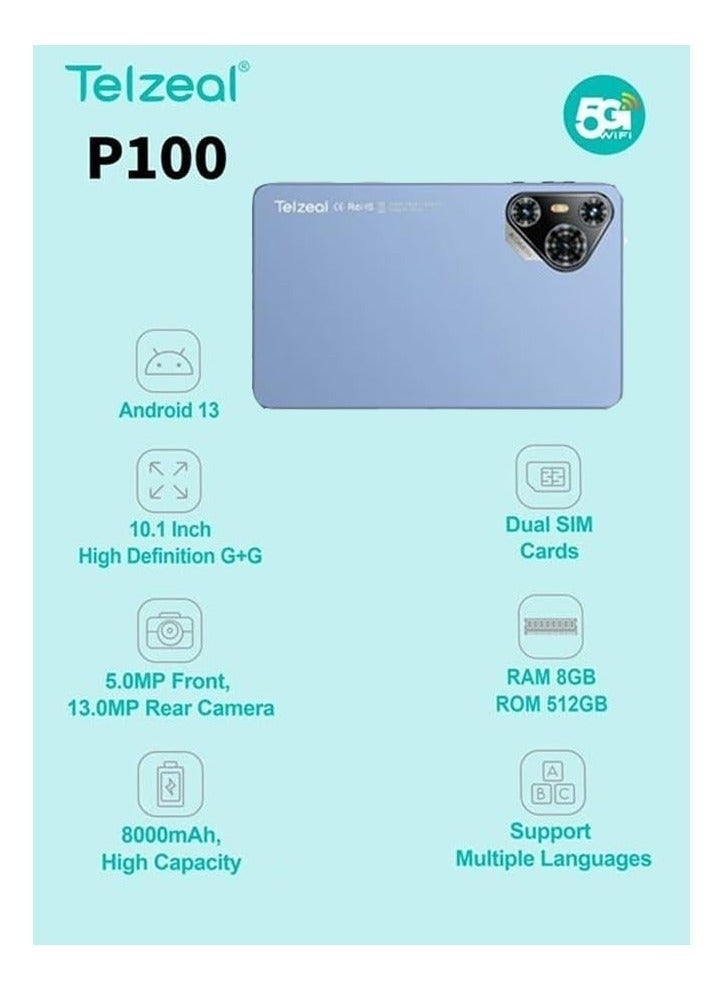 تلزيل P100 10.1" Android 13 Tablet with 5G Wi-Fi, Dual SIM, 8GB RAM, 512GB ROM, 8000mAh Battery, Wireless Keyboard & Mouse, Office & Study Bundle – Blue - Image 4