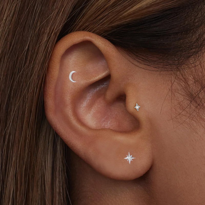 ShineRose Flat Back Stud Cartilage Tragus Helix Nose Piercing Earrings Jewelry For Women Conch Threadless 18G Titanium Surgical Steel Hypoallergenic 14K Gold plated CZ Silver Small Tiny Studs (Silver-18G(Threadless), Moon⋆(6mm*1Set)) - Image 3