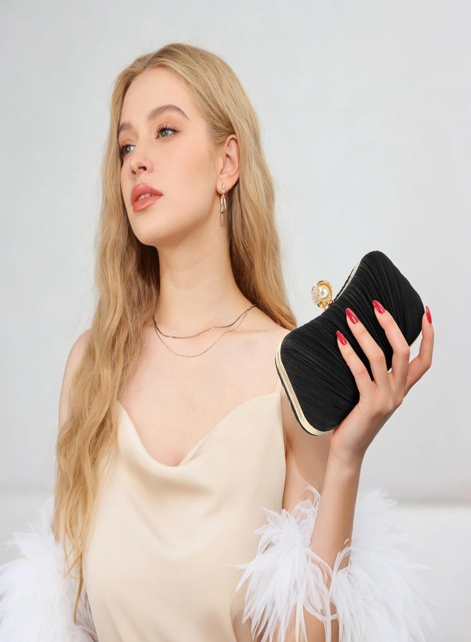 LUI SUI Black Clutch Purse for Women Trendy Pearl Evening Bag for Wedding Party Bridal Formal - Image 2