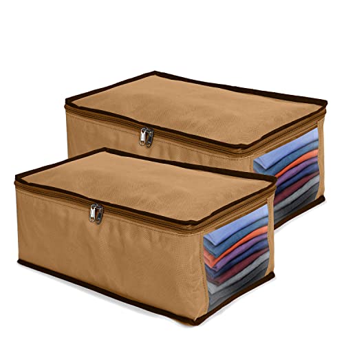 SHIBUI Foldable Closet Shirt Organizer For Wardrobe, Shirt Cover | Shirt Organiser | Clothing Storage Box With Clear Window,Non Woven Febric. (Pack Of 2, Beige, Non-Woven), 27 Centimeters - Image 1
