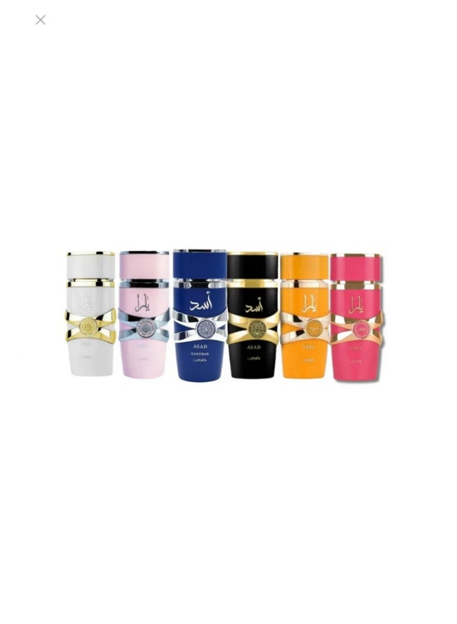 Lattafa Yara 6-piece set, unisex eau de parfum spray - Pink, Moa, Tuss, Candy & Lion, and Zanzibar Lion