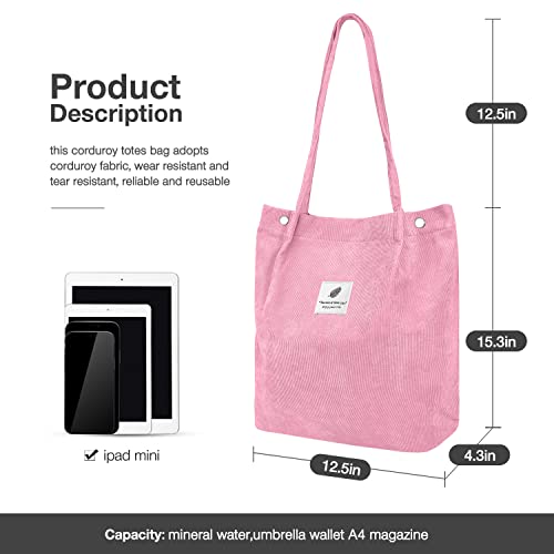 LHMTQVK Corduroy Tote Bags for Women, Large Capacity Corduroy Bag Reusable Grocery Shoulder Bag with Inner Pockets, Pink - Image 2