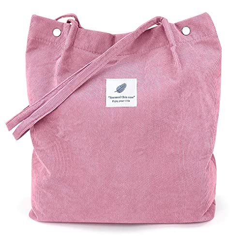 LHMTQVK Corduroy Tote Bags for Women, Large Capacity Corduroy Bag Reusable Grocery Shoulder Bag with Inner Pockets, Pink - Image 1