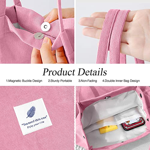 LHMTQVK Corduroy Tote Bags for Women, Large Capacity Corduroy Bag Reusable Grocery Shoulder Bag with Inner Pockets, Pink - Image 4