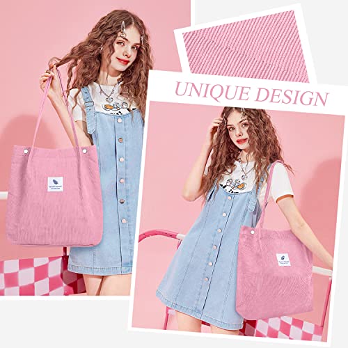 LHMTQVK Corduroy Tote Bags for Women, Large Capacity Corduroy Bag Reusable Grocery Shoulder Bag with Inner Pockets, Pink - Image 3