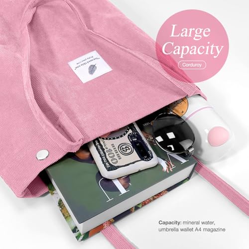 LHMTQVK Corduroy Tote Bags for Women, Large Capacity Corduroy Bag Reusable Grocery Shoulder Bag with Inner Pockets, Pink - Image 5